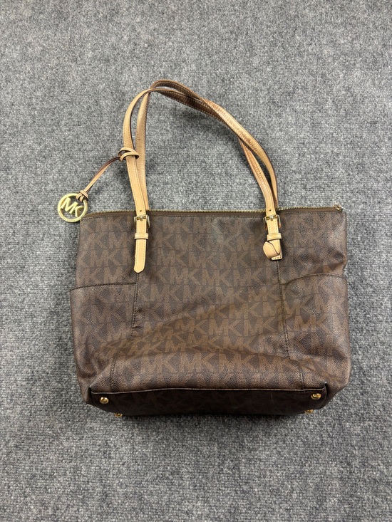 Michael Kors Handbags - MICHAEL KORS Jet Set Tote Bag Brown Logo Print Canvas Tan Leather Trim Purse